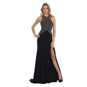 Let's Crystal Nude Gold Dress Illusion Deep V and Open Back Side Slit Size S